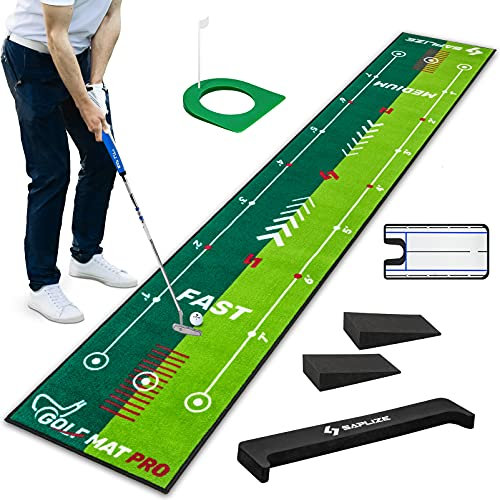 SAPLIZE Golf-Putting-Trainingsmatte mit 2 Geschwindigkeiten, mit Ausrichtungsspiegel und Puttingbecher, 50,8 cm x 3 m, rutschfeste Unterseite, Grün für drinnen und draußen
