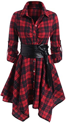 OLIPHEE Femmes Manches Longues Ceinturé Une Robe à Carreaux Chemise en Ligne Casual Tunique Robe(Rouge,XL)