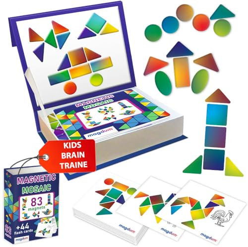MAGDUM Tangram Kinder - 83 Stück geometrische Formen Magnete - 44 Stück lernkarten Kinder - Magnet Spielzeug Kinder - Montessori Spielzeug - Magnetspiel - Tangram magnetisch - Magnetspiele für Kinder