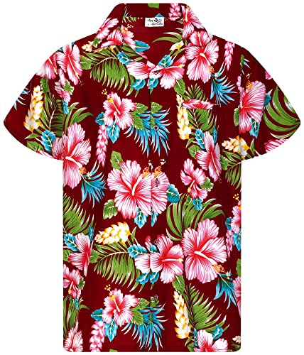 King Kameha Funky Hawaii-Hemd, Herren, Kurzarm, JK-Hibiscus-New, Maroon-Rot, 6XL