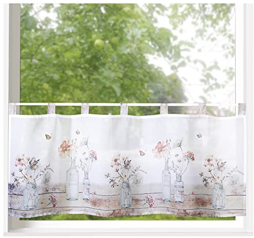 heimtexland ® Scheibengardine Blumen Gardine Digitaldruck HxB 45x120 Fensterdekoration Oekotex Bistrogardine Vasen Typ789 Holz Rosé