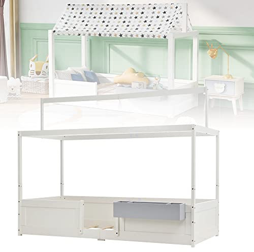 RCBDBSM Kinderbett 90x200 cm mit Rausfallschutz, Funktionsbett Kinderbett Bett Holz Haus Spielbett Hausbett Weiß mit Stoffzeltaufsatz und Aufbewahrungsbox, 3 Kombinationen