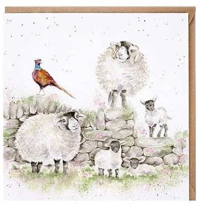 Geburtstagskarte mit Schaf- und Fasan-Motiv – Green Pastures Wrendale Blanko-Grußkarte