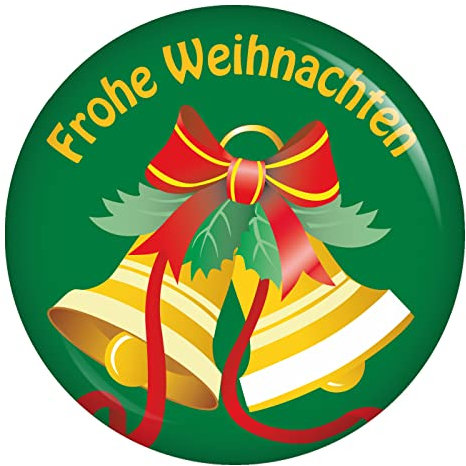 Kiwikatze Button Frohe Weihnachten Glocken 37 mm Ansteckbutton Geschenkanhänger zu Weihnachten an Geschenkpapier oder als Deko oder Mitbringsel