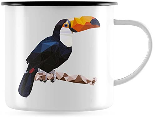 JUNIWORDS Emaille-Tasse, Low-Poly Tukan, Schwarzer Tassenrand (1008986)