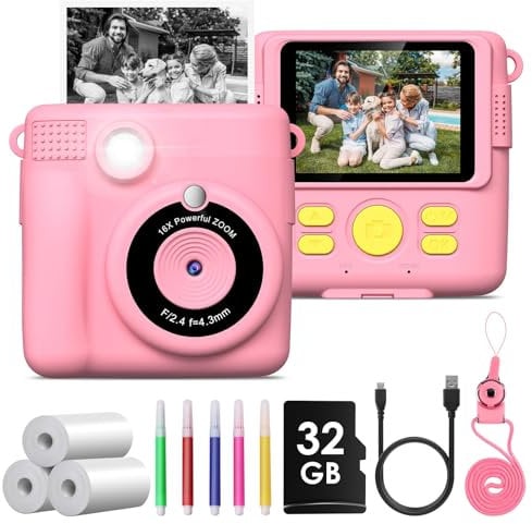 Camara Fotos Infantil Instantanea,GREENKINDER Camara Fotos Infantil,2.4 HD 1080P Cámara Instantánea para Niños con Tarjeta de 32GB,Bolígrafos de Colores y Papel de Impresión