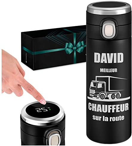 Maverton Bouteille isotherme personnalisable pour chauffeur - Mug hermétique 400ml avec gravure Idee cadeau homme - Gourde isotherme homme LED café thé - cadeau anniversaire homme - pour lui - camion
