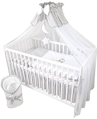 Bello24 - 11 Teiliges Kinderbettwäsche Babybettwäsche Komplettset ohne Bett Bestickt mit Teddybär auf Mond Grau (100x135 cm)