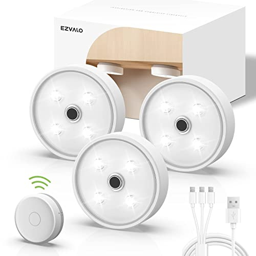 EZVALO Unterbauleuchte Küche LED, Spots Batteriebetrieben 2000mAh Kontrolle der Gruppe mit Fernbedienung, Puck Light Schranklicht Kabellos, Schrankbeleuchtung Batteriebetrieben 5000K (3 Stück)