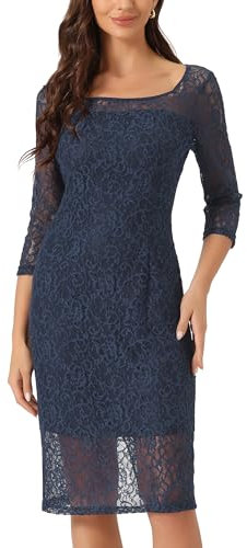 Allegra K Damen Etuikleid Elegant 3/4-Ärmeln Spitze Eckigem Ausschnitt Midi Gerader Schnitt Mini Kleid Navy Blau S