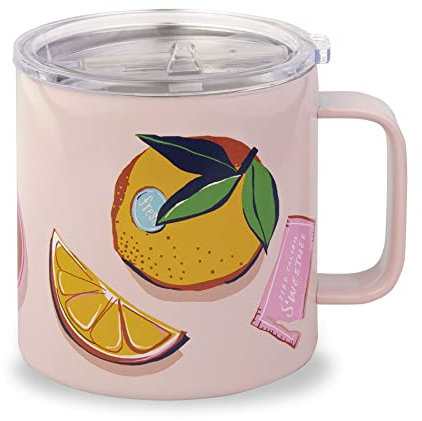 kate spade new york Pink Stainless Steel Insulated Mug with Handle and Lid, 16 Ounce Double Wall Tumbler, Reusable Coffee Travel Mug for Hot and Cold Drinks, Rise and Shine