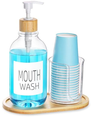 Mouthwash Dispenser with Cup Holder, Plastic Mouth Wash Pump Bottle with Tray for Bathroom Organizers, 17oz Refillable Clear Mouthwash Container - Bamboo