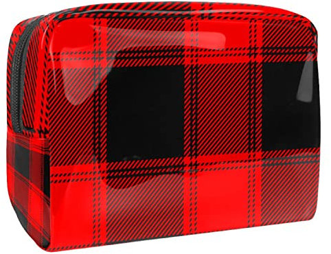 Kosmetiktasche mit schottischem Büffelkaromuster, für Reisen, Kulturbeutel, groß, PVC, mit Reißverschluss, Rot / Schwarz, multi, 18.5x7.5x13cm/7.3x3x5.1in, Kulturbeutel