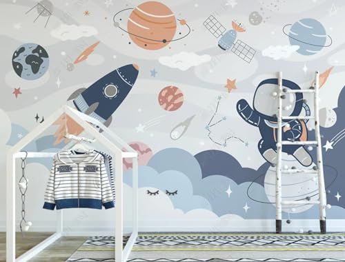 Fototapete 3D Effekt 3D Tapete Handgezeichnete Weltraumraketenplanetenkarikatur-Astronautenkinder Fototapete Wandgemälde Vlies Wohnzimmer Schlafzimmer Flur Wanddekoration 350(W) X256(H) Cm