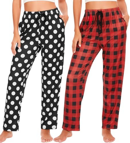 Ymmchy Damen Pyjamahose Lang Schlafanzughose Kariert Freizeithose Frauen Schlafhose Weiche Nachtwäsche Hose 2-Pack Dots/Rot Kariert M