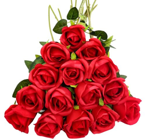 AUMAYCO künstliche Rosen 15 Stück Kunstblumen Wie Echt, 17,7 Zoll Long Stem Fake Rosen Künstliche Blumen für DIY Hochzeitsdeko Brautsträuß Hausgarten Party Hotel Büro Deko Rosen (Rot)