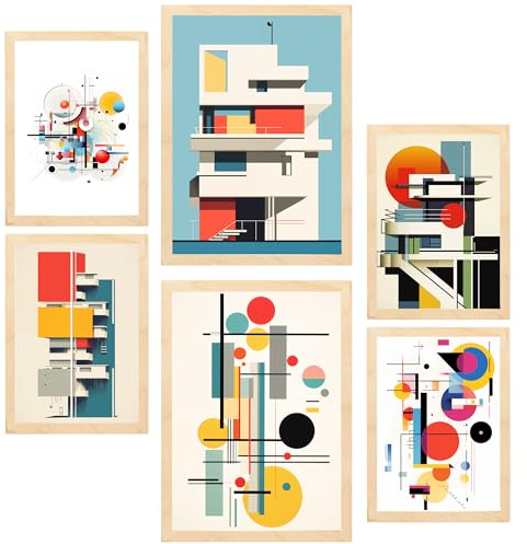 Nacnic 6er-Set Bauhaus Dekonstruierte Architektur Gerahmtes Poster mit Design-Illustrationen zur Dekoration der Wände Ihres Zuhause Zimmer Büro Laden Malerei im A3 & A4 Leichter Holzrahmen