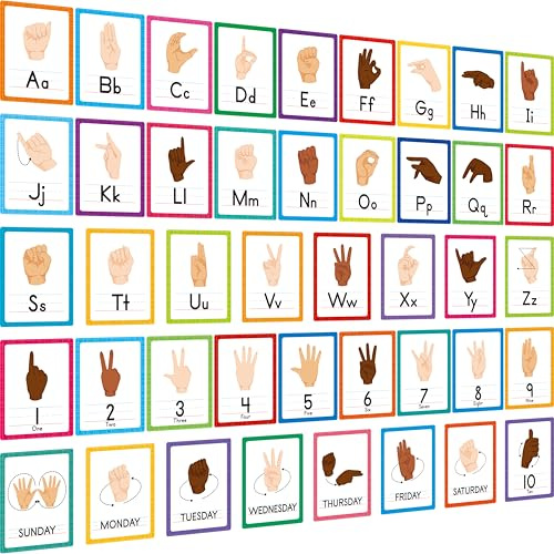 ASL Alphabet Line Bulletin Board Set, 43 Stück Buchstaben Zahlen Woche Gebärdensprach-Dekorationen, 26 Buchstaben/7 Tage der Woche 1-10 Zahlen Kleine Poster für Kindergarten Klassenzimmer Dekoration