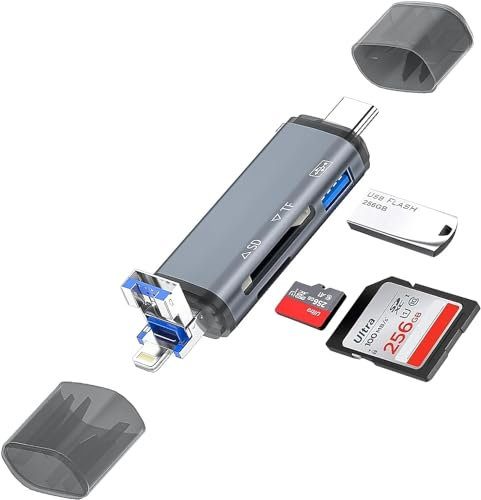 6-in-1 SD Kartenleser, 3 Stecker USB A/Type C/Lightning Kartenlesegerät Highspeed OTG Adapter, unterstützt SDHC/SDXC/MMC/USB-Sticks