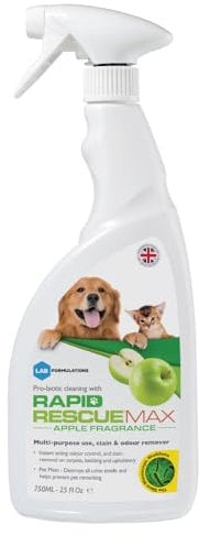 Rapid Rescue MAX Pet Stain and Odour Remover, Urine Neutraliser - Apple Fragrance | Natural Microbe Enzyme Cleaner Spray - Fast-Acting Pet Odour Eliminator for Carpets, Wood Floors, Cars, Rugs - 750ml