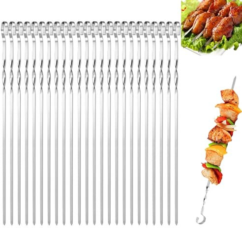 LEERMEIZ 24 pcs brochettes BBQ,brochettes de kebab,Kebab réutilisable en acier inoxydable,bâtonnets à brochettes plats larges réutilisables,Brochette de grill en métal pour barbecue viande légumes