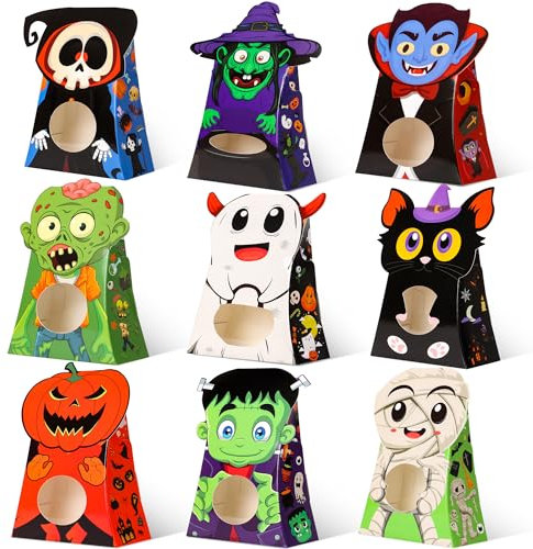 Giiffu 54 Stücke Halloween Süßigkeiten-Boxen mit Sichtfenster – 9 Motive, Papier-Geschenktüten für Candy-Bar, Bonbons, Süßes oder Saures (Kinder-Halloween-Party, Mitgebsel, Partyzubehör)