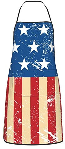Oudrspo Küchenschürze für Damen mit Retro-USA-Flagge und Tasche, süße Kochschürze, lustige Kochschürze, Lätzchen, wasserdicht, zum Grillen, Zeichnen