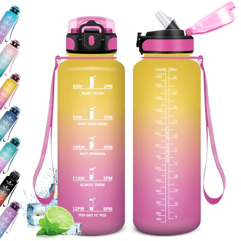 KollyKolla Botella Agua 1.5L Motivadora, Botella de Agua con Pajita, Prueba de Fugas, Reutilizable Cantimplora para Adulto, Colegio, Gimnasio, Oficina, Bicicleta, Gym, Fitness