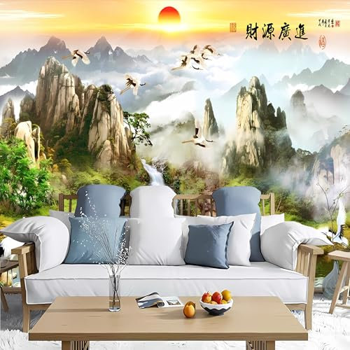Lcythiazole Chinese Style Murals Oriental Wallpaper Sunrise Mountain Waterfall White Crane Chinese Traditional Murals Wall Stickers Decor for Living Room Bedroom