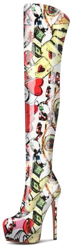 NobleOnly Donna Alto High Spillo Tacco Heel Rotonda Punta Piattaforma Sopra il Ginocchio Stivali Cerniera Ballo Feste Stivali 15 CM Heels Motivo del poker 37 EU
