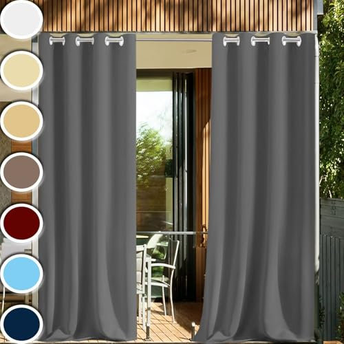 HUAXIQUE Wetterfester Vorhang Outdoor 200x230cm ösen wasserdichte 1 Stück Auf Maß Outdoor Deko UV Schutz Outdoor Gardinen Wetterfest für terrasse Outdoor draußen Balkon Garten Patio Dunkelgrau