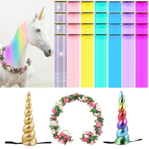 31-teiliges Einhorn-Horn für Pferde-Zubehör-Set, 2 Einhorn-Horn-Stirnbänder für Erwachsene oder Pony, 28 Clip-in-Haar-Lametta für Mähne und Schwanz, 1 Blumenranke für echte Pferde oder Mädchen,