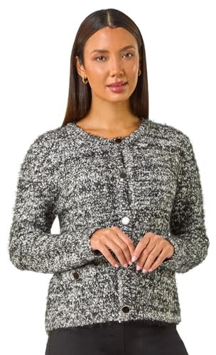 Roman Originals Fluffy Buttoned Knit Cardigan for Women UK - Ladies Everyday Autumn Winter Round Neckline Comfy Soft Evening Vacation Work Party Night Out - Black - Size 16