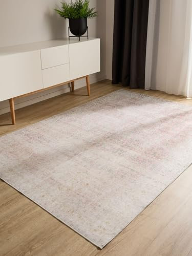 benuta Basic George Tapis lavable – Beige/rose 160 x 230 cm – Fibre synthétique – Rectangulaire & Style : vintage, élégant, rétro – Facile d'entretien pour salon, chambre à coucher