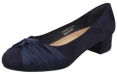 Spot On Ladies Block Heel Wide Fit Formal Satin Bow Court Shoes F90150 - Navy Microfibre - UK Size 5 - EU Size 38 - US Size 7