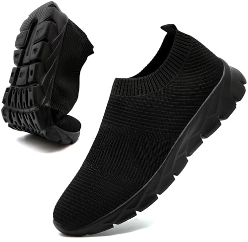 Mens Trainers Slip on Trainers Lightweight Walking Running Sneaker Fitness Gym Sports Jogging Tennis Shoes Mens Black Size 7