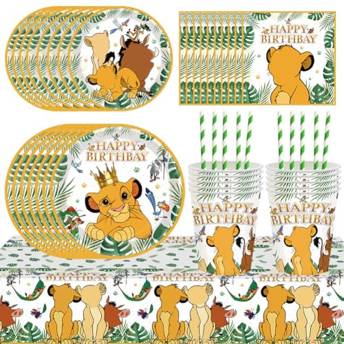 PLNVNVP 60 pcs Il Re Leone Stoviglie di Compleanno Set, Vassoio di Carta, Tovagliolo, Tazza, Paglia, Decorazione per Feste di Compleanno Il Re Leone -10persone