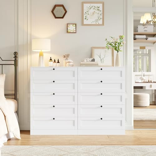 HOCSOK Kommode, 111cm Kommode Weiß, Sideboard mit 5 Schubladen, Kommodenschrank für Wohnzimmer, Schlafzimmer, Flur, Kinderzimmer, Büro, 74x40x111 cm (2pcs)