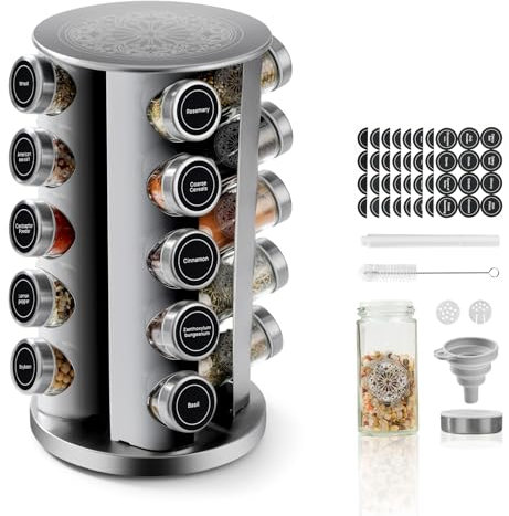 FRIBERG Rangement Epices Cuisine Avec 20 Pot À Épices Ronds,Rotation 360° Porte Epices Cuisine Rotatif,Organisateur À Épices Avec Entonnoir, Étiquette, Stylo Et Brosse De Nettoyage