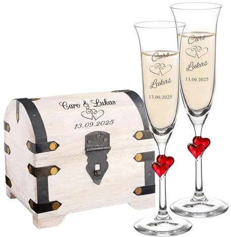 Set regalo per matrimonio, calici da spumante e scrigno del tesoro bianco con incisione, cuori, personalizzabili con nome e data, decorazione in legno, regali di nozze per sposi, regali in denaro