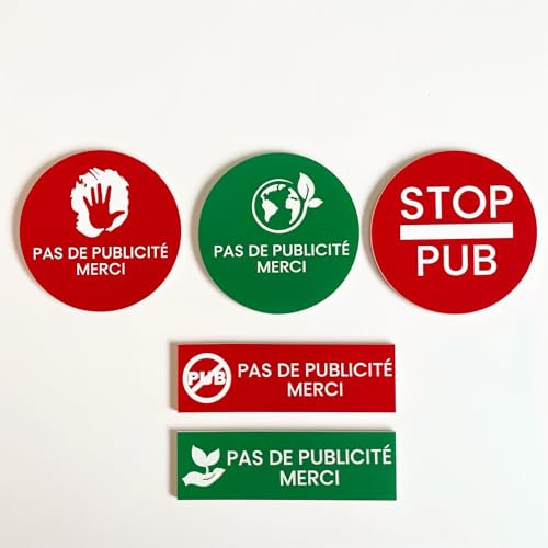 Plaque boîte aux lettres STOP PUB – PAS DE PUBLICITÉ MERCI – Variante STOP PUB disponible – Acrylique gravé bicouche – 27 couleurs – 8 symboles – 80x25 mm – Autocollant 3M