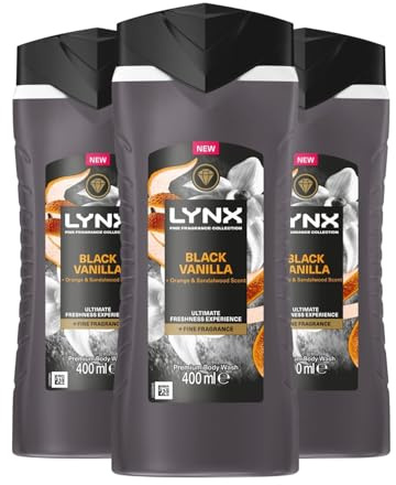 Lynx Fine Fragrance Collection Body Wash for Men Black Vanilla, Pack of 3, Premium Shower Gel Infused with Essential Oils That Gives You 12 Hours of Freshness, 400 ml