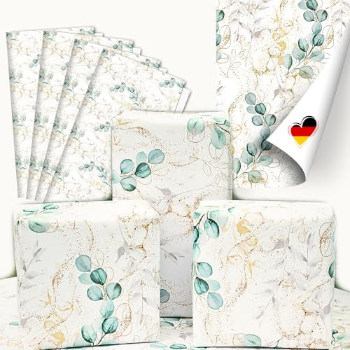 artwelten Home & Style Elegantes Geschenkpapier Eukalyptus – 4 Bögen à 90x65 cm – Mit Goldakzenten – Ideal für Hochzeit, Konfirmation, Jugendweihe & Geburtstag