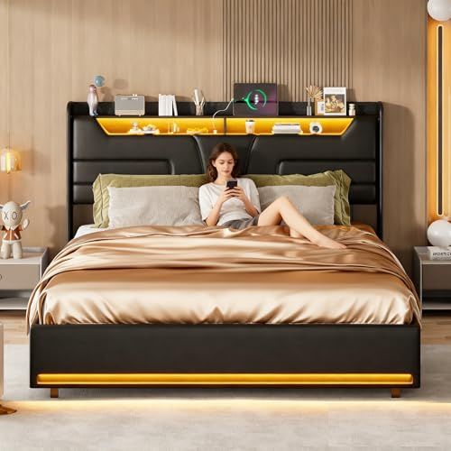 BRYXR Polsterbett 160x200 cm mit LED-Beleuchtung & USB-Ladeanschlüssen,Komfortables Doppelbett mit Hydraulischem Stauraum, Stabiler Lattenrost, Ohne Matratze, Schwarz-PU