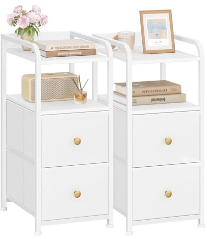 Hzuaneri Nachttisch 2er Set, Schmal Beistelltisch mit 2 Schubladen, Schmaler Nachttische mit offenes Fach, Platzsparend, Nachtschrank für Schlafzimmer, Wohnzimmer, 35 x 27 x 60 cm, Weiß NS02213W