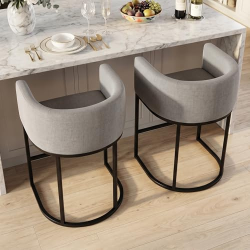 KRAMZMING Barhocker 2er Set, 62 cm Leinen, Grau | Thekenhöhe, Leinenbezug, Metallbeine mit Fußstütze, für Küche und Esszimmer