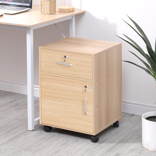 Ansley&HosHo Mobile File Cabinet with 1 Drawer & 1 Door, Slim Bedside Drawer Unit, Under Desk Rolling Storage, Lockable Wooden Filing Cabinet, Home Office Printer Table on Wheels (Oak)