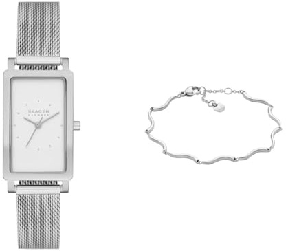 Skagen Damen Hagen Lille Silberfarbene Edelstahl Uhr und Essential Waves Armband, Set
