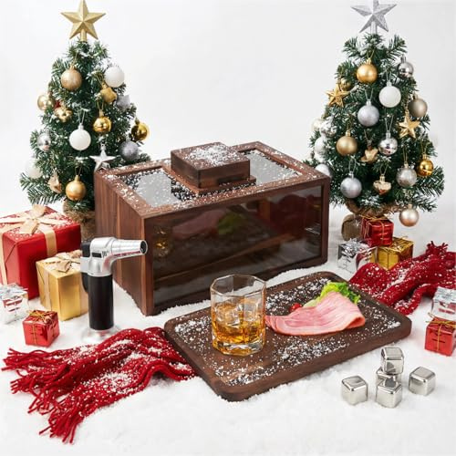 Intoo Lifes Cocktail Smoker Kit - Whiskey Smoker Kit with Smoking Gun:Black Walnut Cocktail Smoke Box, Food Tray and Wood Chips,Bourbon Old Fashioned Smoker Kit Gifts for Men,Dad(No Butane)