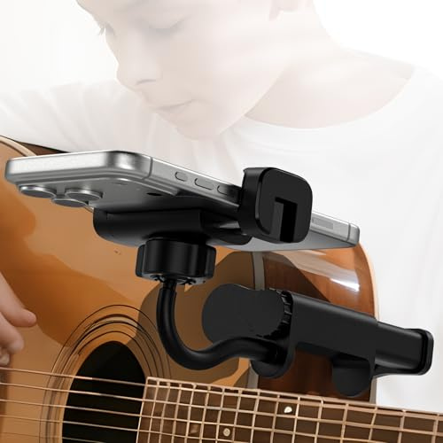 ALAFLY Soporte para Teléfono de Guitarra, Soporte Universal para Smartphones, Guitarra, Bajo y Ukelele, Ajustable 360°, Ideal para Grabación de Vídeo, Transmisión en Directo y Enseñanza Online